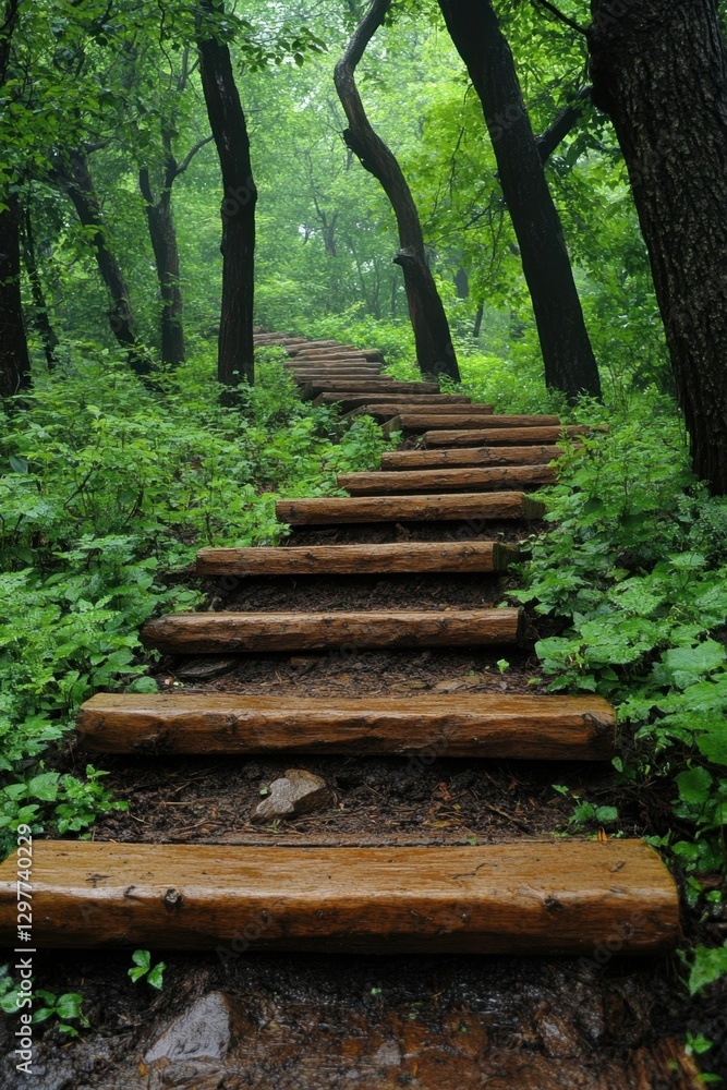 Poster lush green forest path with rustic wooden steps leading up through dense foliage and tall trees crea
