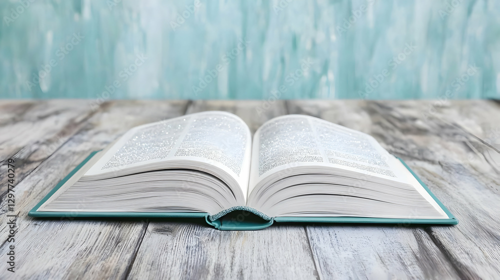 Poster open book on a wooden table with green background displaying text pages in soft lighting