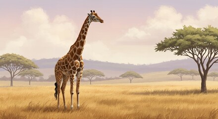Fototapeta premium Majestic Giraffe in Serene African Savanna Landscape Under a Soft Sky
