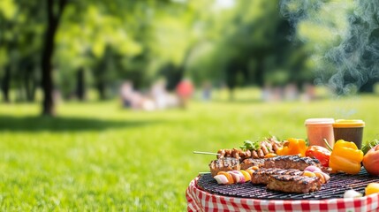 Embracing Summer Vibes: Warmth Positivity and Sunshine Energy, Grilled food on a picnic table with a blurred background of a sunny park.