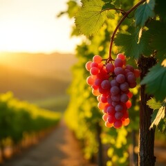 Fototapeta premium Autumn grape harvest with ripe green and red grapes on a vineyard vine surrounded by lush leaves and branches