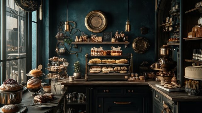 Dark  Elegant Bakery Interior with Delicious Pastries