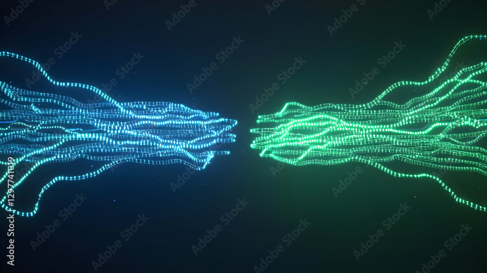 Aufkleber abstract digital blue and green glowing particle lines connecting on dark background