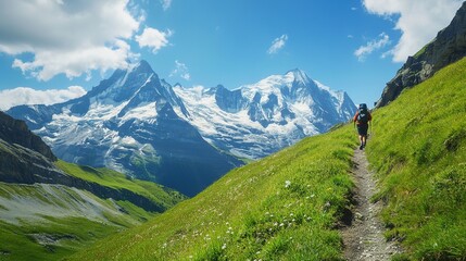 Fototapeta premium Scenic view of the Swiss Alps with a hiker walking along a mountain trail, surrounded by fresh green grass and a clear blue sky. High-resolution travel photography capturing the natural beauty 