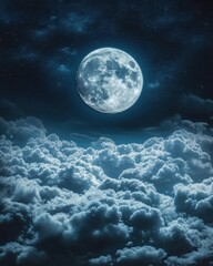 Ethereal moonscape featuring a luminous full moon suspended above a sea of fluffy clouds under a starlit sky creating a dreamy celestial scene