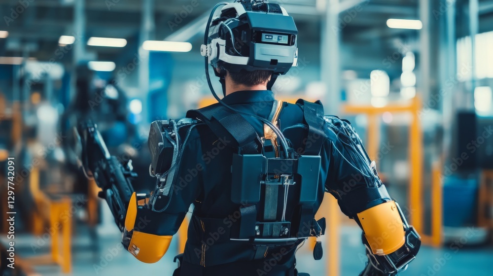 Poster ecu-powered neural-linked exoskeleton enhancing industrial workers' efficiency and safety