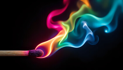 a match burning with a rainbow of colors