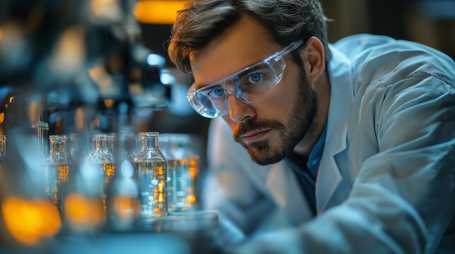 Precision in the Lab: A focused scientist, clad in a crisp lab coat and protective eyewear, meticulously examines a collection of vials, embodying scientific rigor and dedicated research.