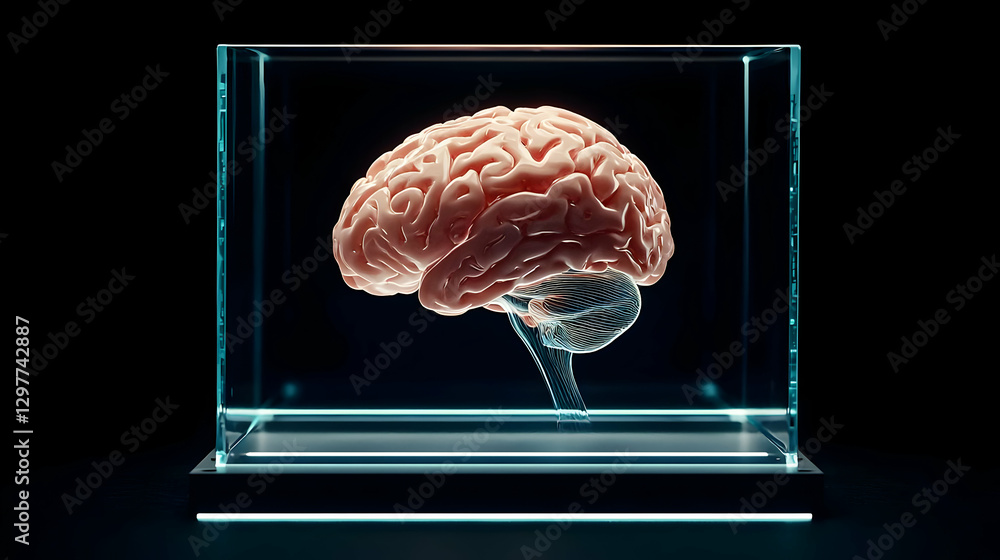 Poster three dimensional brain model displayed inside a glass box on a black background
