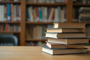stack of books against the background of library, stack of books in front of library, books on wooden table, education