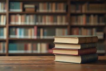 stack of books against the background of library, stack of books in front of library, books on wooden table, education