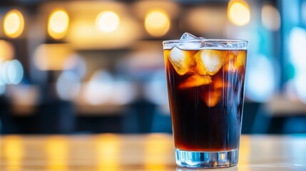 Close-up of a refreshing iced beverage on a wooden table in a cozy cafe setting