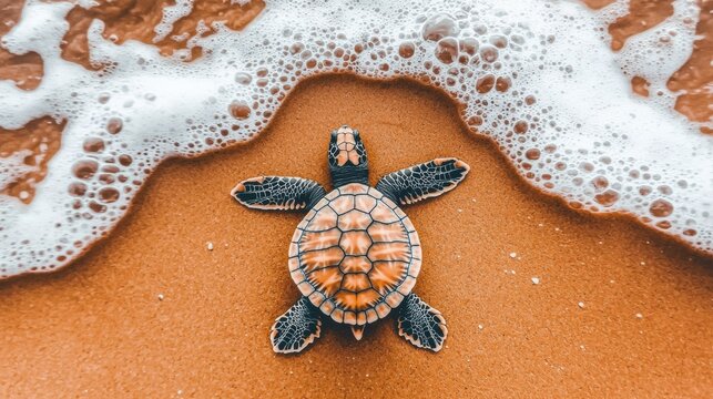 A baby sea turtle emerges from the ocean, its shell a beautiful blend of orange and black.