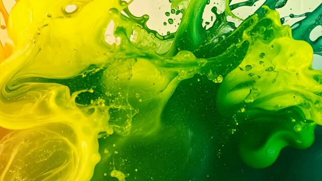 Abstract Splash of Green and Yellow: A dynamic abstract image capturing the explosive moment of green and yellow liquid colliding, creating a vibrant splash with intricate patterns and textures.