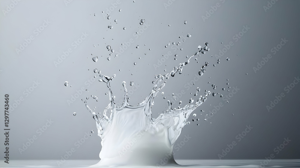 Poster abstract water splash with white liquid and droplets in motion on a gradient gray background