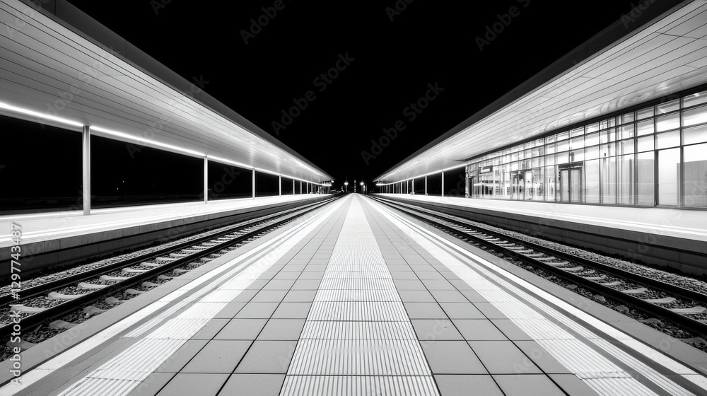 Poster train station platform at night with illuminated tracks and modern architecture