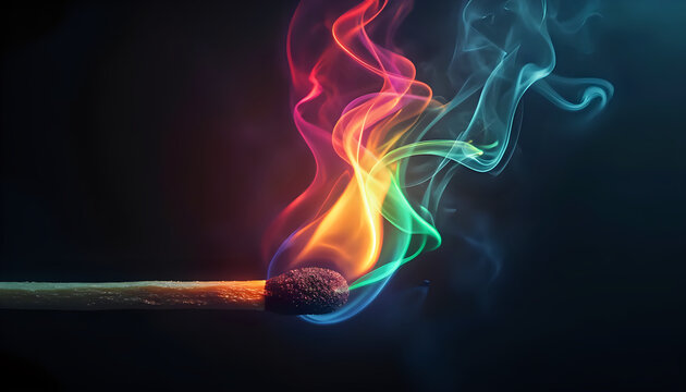 a match burning with a rainbow of smoke