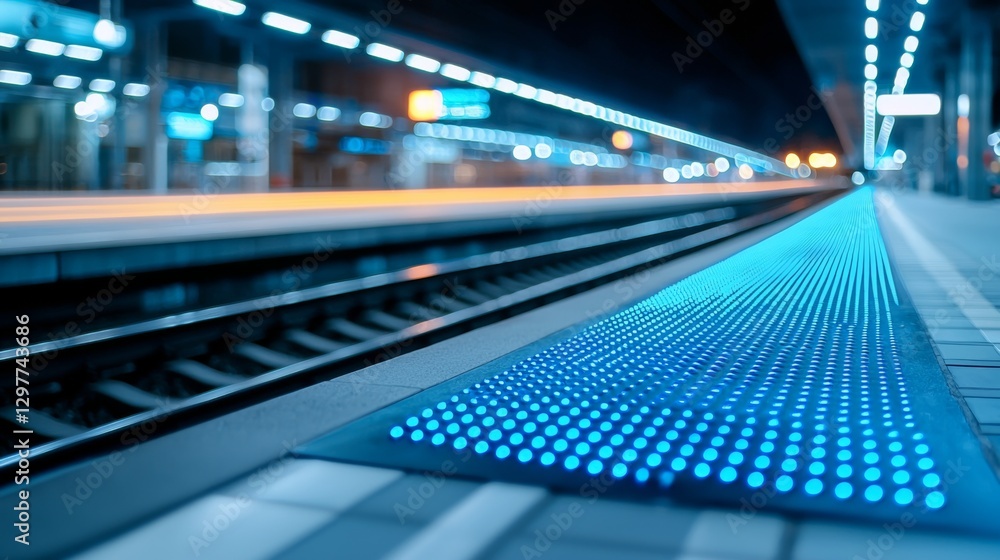 Poster nighttime train station platform with illuminated walkway and modern design features