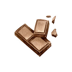 Watercolor png illustration: a piece of bitter dark milk chocolate. Hand drawn isolated object on transparent. Element for design menu café, coffee house, bakery, flyer, advertising, interior decor