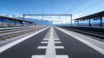 Tranquil railway station with snow-capped mountains under clear blue sky in Switzerland