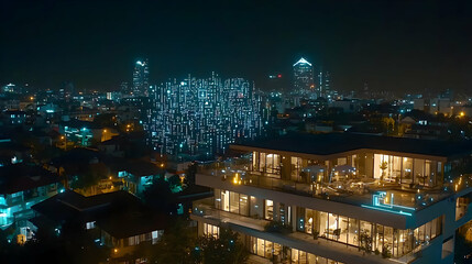 Fototapeta premium Night Cityscape View Featuring Illuminated Buildings and Skyline with Rooftop Lights