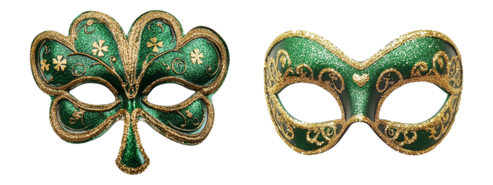 A St. Patrick’s Day party mask with gold glitter isolated on transparent background, in PNG format, cut out