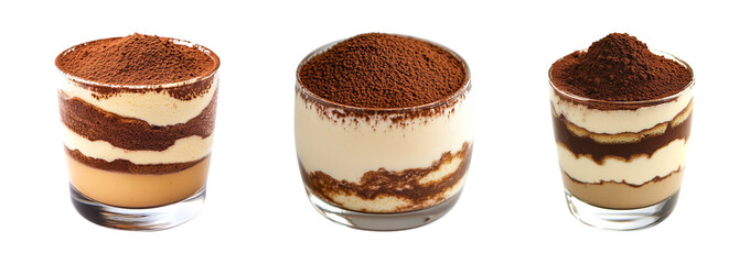 Set of Layered tiramisu dessert served in a glass, topped with cocoa powder isolated on transparent background