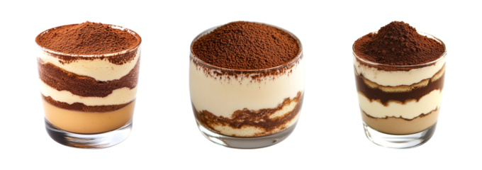 Set of Layered tiramisu dessert served in a glass, topped with cocoa powder isolated on transparent background