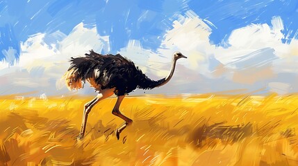 Striding Ostrich in Golden Field Under Bright Blue Sky with Fluffy Clouds