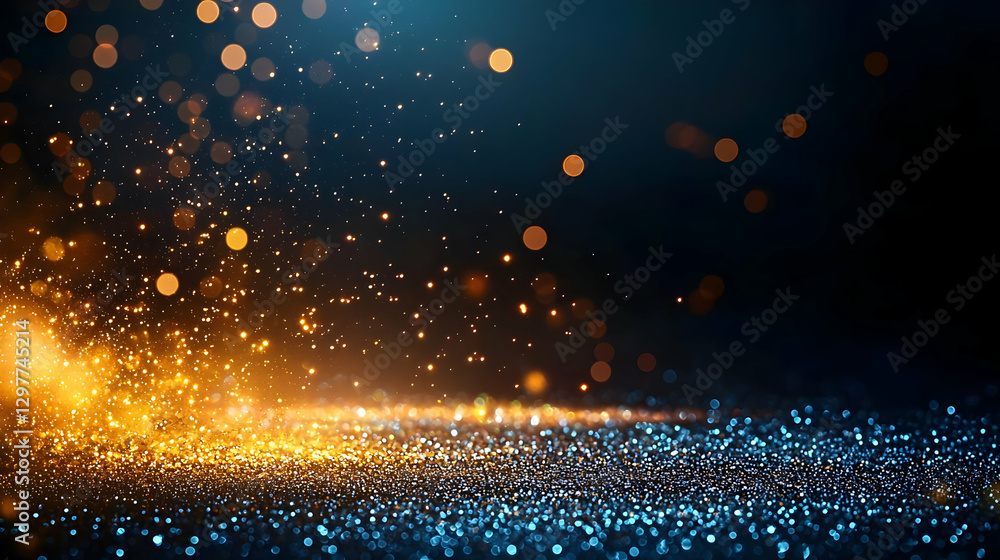 Poster abstract glittering background with gold and blue sparkles creating dynamic light effects in dark sp