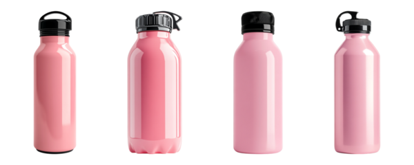 Set of pink water bottle with a black lid isolated on transparent background, in PNG format, cut out