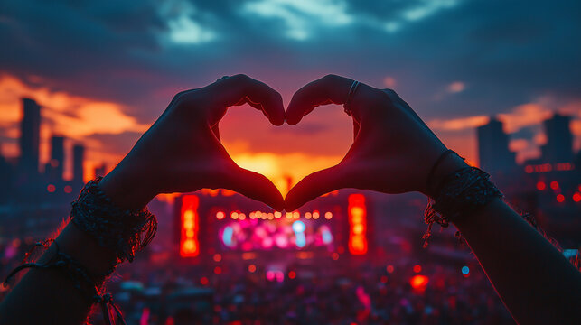 Heartfelt Sunset Scene: Silhouette of hands forming a heart shape against a breathtaking sunset backdrop, creating a frame around the vibrant lights and crowd of a festival scene.
