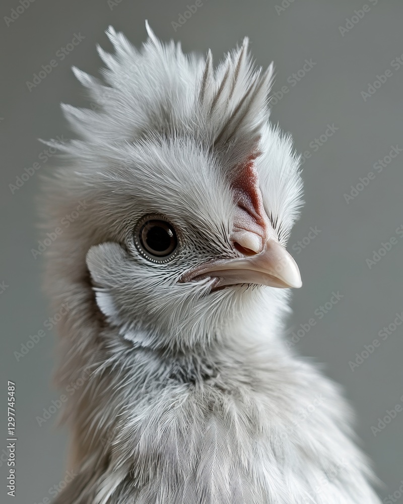 Poster captivating close up of a fluffy white polish chicken with a distinctive crest against a soft gray b