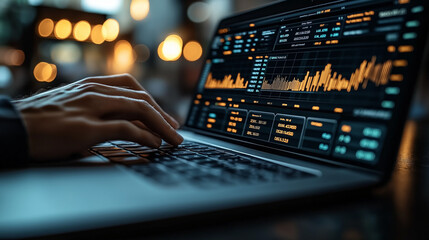 Data Analysis: A close-up shot captures a person working on a laptop, its screen displaying intricate data visualizations and financial graphs.