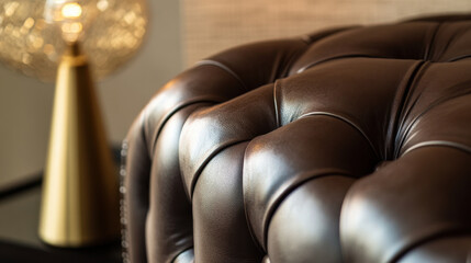 Obraz premium A close-up shot of a luxurious tufted leather ottoman in deep espresso brown, emphasizing the intricate texture and craftsmanship