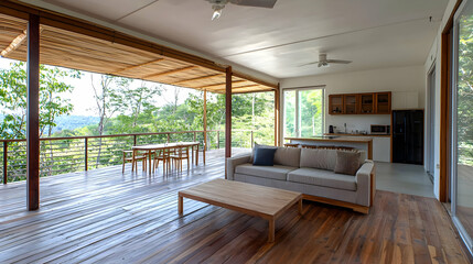 Fototapeta premium Bright Living Room Interior with Wooden Deck and View of Tropical Forest