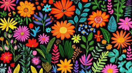 Vibrant floral garden illustration on dark backdrop captivating botanical medley perfect for prints fabrics wallpapers and textiles