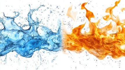 Dynamic juxtaposition of vibrant water splash and intense fire flames against a pristine white background creates a powerful contrast