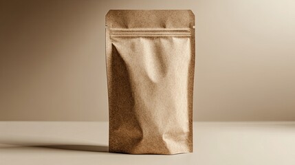 Minimalist pet food pouch on neutral background emphasizing eco-friendly packaging, sustainable design, pet care products, and environmentally conscious packaging solutions for pet supplies.