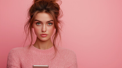 Serene Look: A beautiful woman in a pink sweater stares directly at the camera