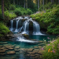 Obraz premium Serene Forest Waterfall – A peaceful waterfall cascading into a crystal-clear pool, surrounded by lush green trees and vibrant wildflowers.