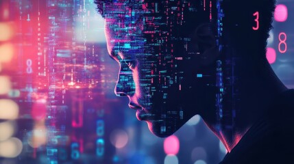 Profile of Young Man Merged with Digital Code