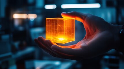 Hand holding glowing cube in dark workshop with blurred industrial equipment background