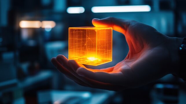 Hand holding glowing cube in dark workshop with blurred industrial equipment background
