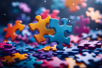 Colorful Puzzle Pieces Floating in the Air, Symbolizing Innovation and Creativity for an Advertising Campaign with Blurred Background Focused on the Puzzle Elements
