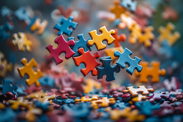 Colorful Puzzle Pieces Floating in the Air, Symbolizing Innovation and Creativity for an Advertising Campaign with Blurred Background Focused on the Puzzle Elements