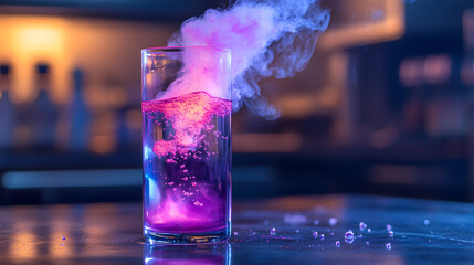 solution in a beaker, shifting from purple to pink as it reacts 