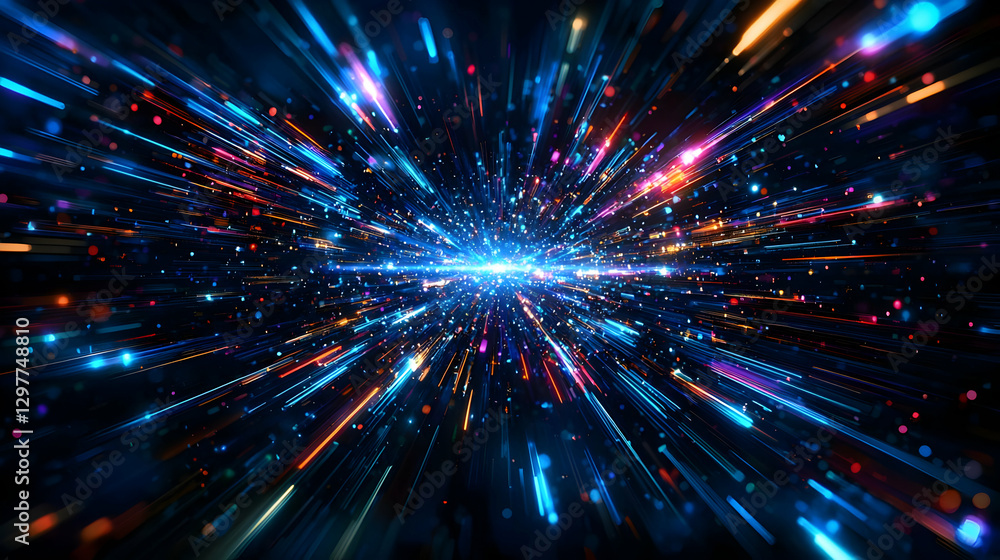Poster abstract digital data stream with blue light burst and orange particle effects