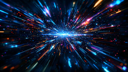 Obraz premium Abstract Digital Data Stream with Blue Light Burst and Orange Particle Effects