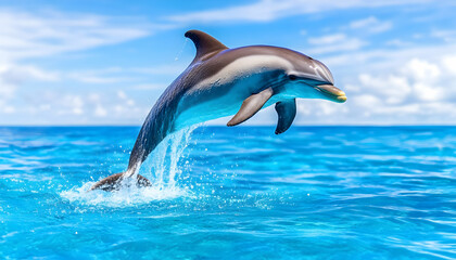 Fototapeta premium Dolphin leaping ocean, sunny sky